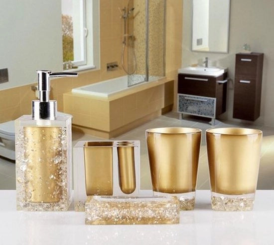 Set di Cottura Acrilico 5 pezzi / Dispensatore di Detersivo / Orecchietta per Spazzolino da Dentista / Bacinella per Spazzolino da Dentista, Oro