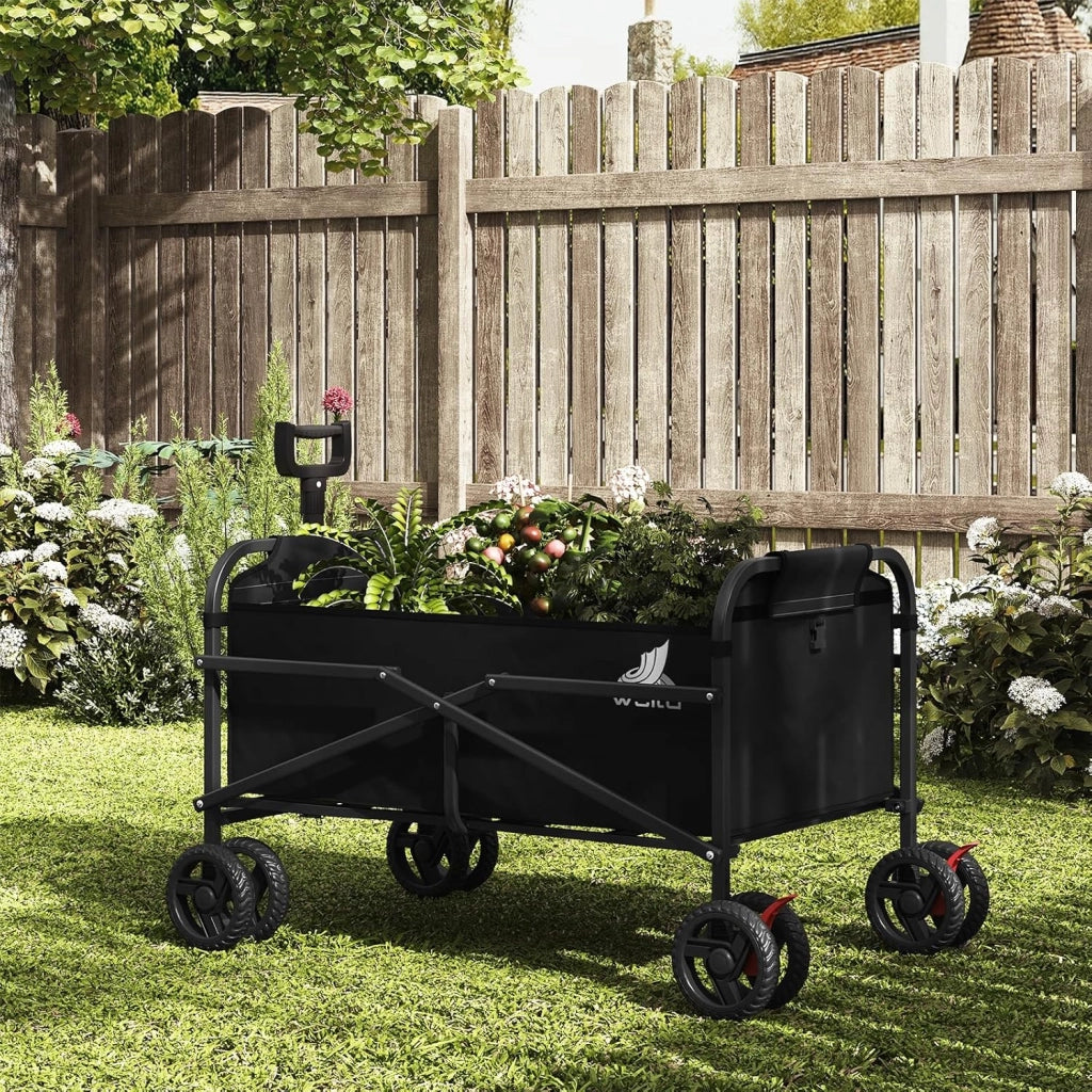 Carrello pieghevole da giardino, per festival, campeggio, picnic, spiaggia, shopping, con 4 ruote doppie universali, chiudibile, tessuto Oxford+metallo, nero