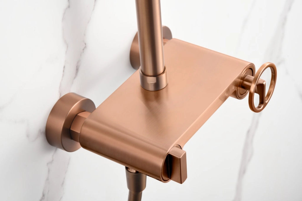 IMEX Set doccia monocomando oro rosa spazzolato in acciaio inox S304 e ottone con asta estensibile soffione extrapiatto Ø20 cm anticalcare cartuccia ceramica Ø35 mm tubo flessibile 15 m Imex-BDC0