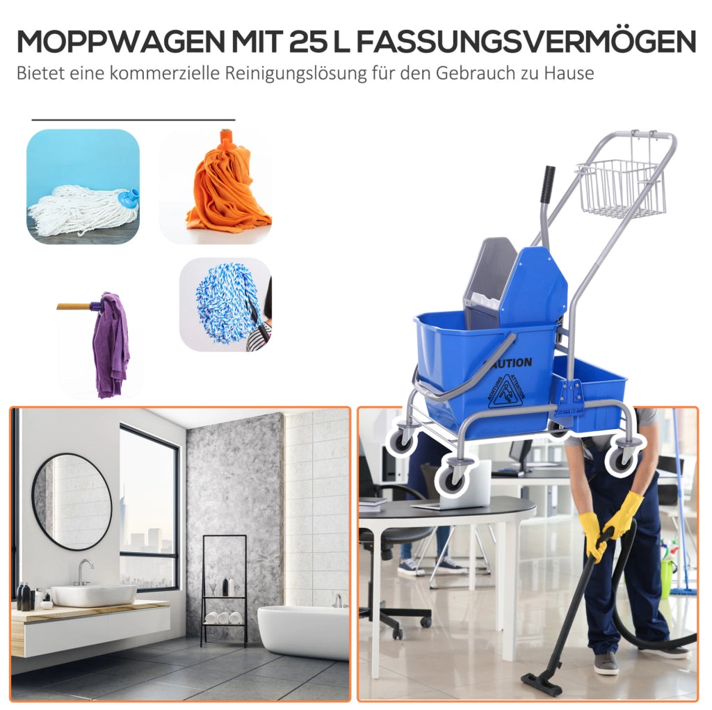 Carrello per pulizie ULEVR con secchio da 25 L, strizzatore, cestello e 4 ruote, blu