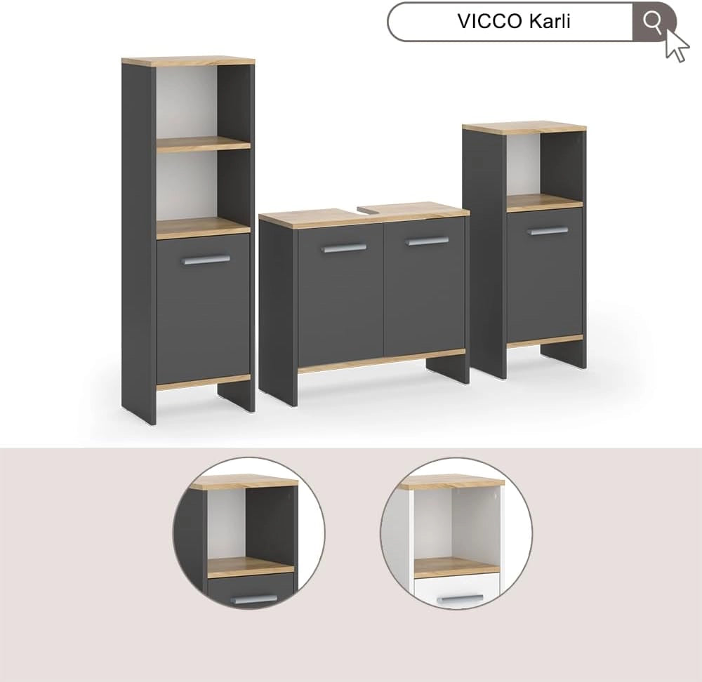 Set di mobili da bagno Karli, Antracite/quercia dorata, 3 pezzi
