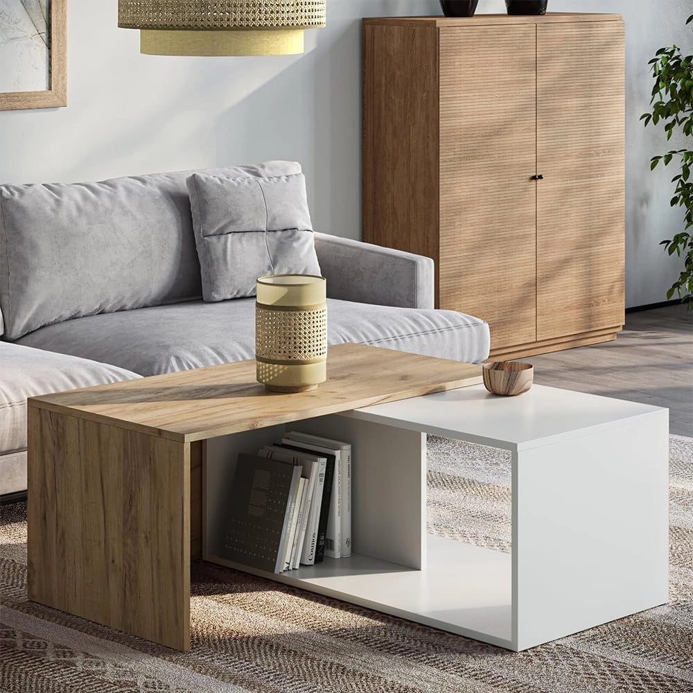 Tavolino da salotto Paul, Rovere bianco/dorato, 90 x 48 cm, con piano girevole e ripiano aggiuntivo