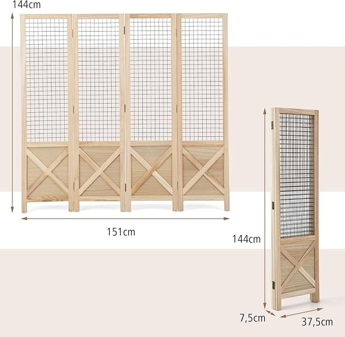 Paravento a 4 Pannelli, Separé Divisorio Interno Pieghevole, Pannelli Divisori a Griglia in Legno per Casa, Ufficio, Fiera dell'Artigianato, Vendita al Dettaglio, Eventi