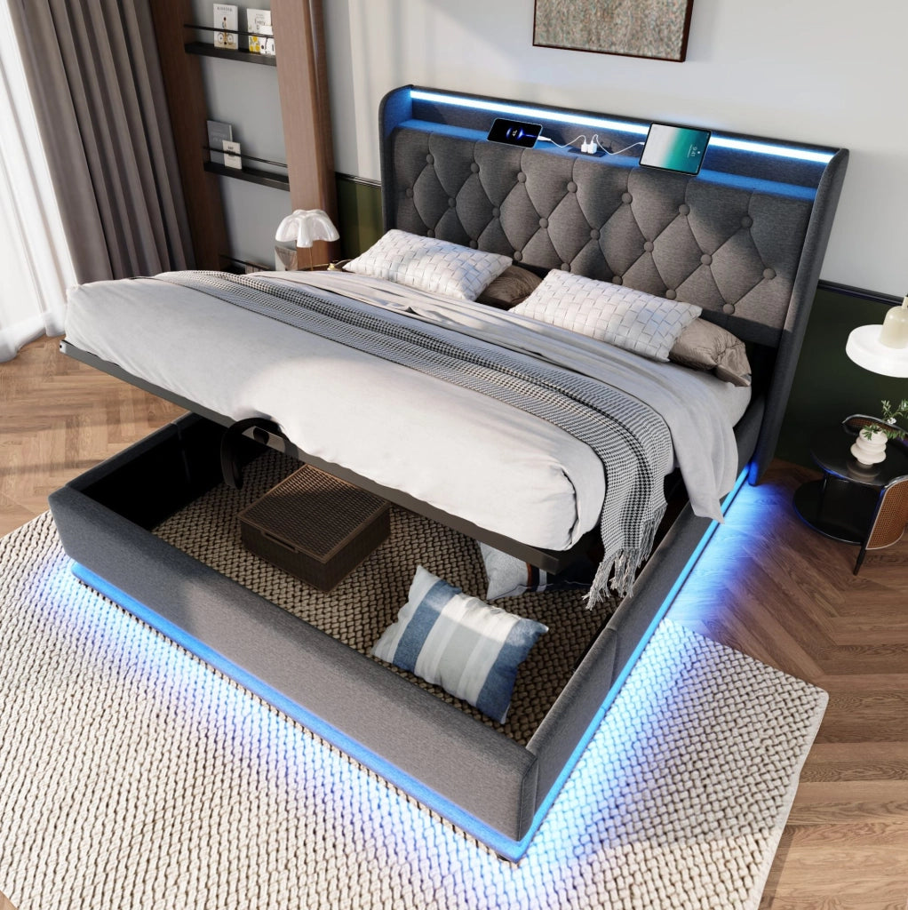 Letto imbottito 180x200 cm con LED; contenitore idraulico; USB Type-C; lino grigio