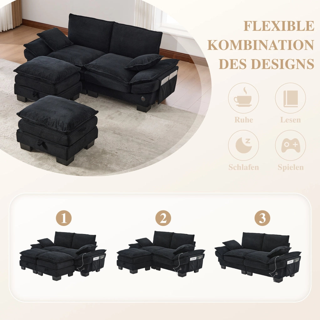 Divano modulare 2 posti in corduroy nero con 2 pouf; USB-C e tasche laterali 190x132x84 cm