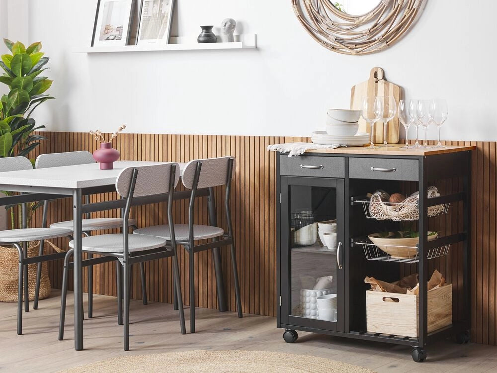 Carrello Cucina Legno Pino Nero 2 Cassetti 1 Mobiletto 2 Scaffali Ruote Soggiorno