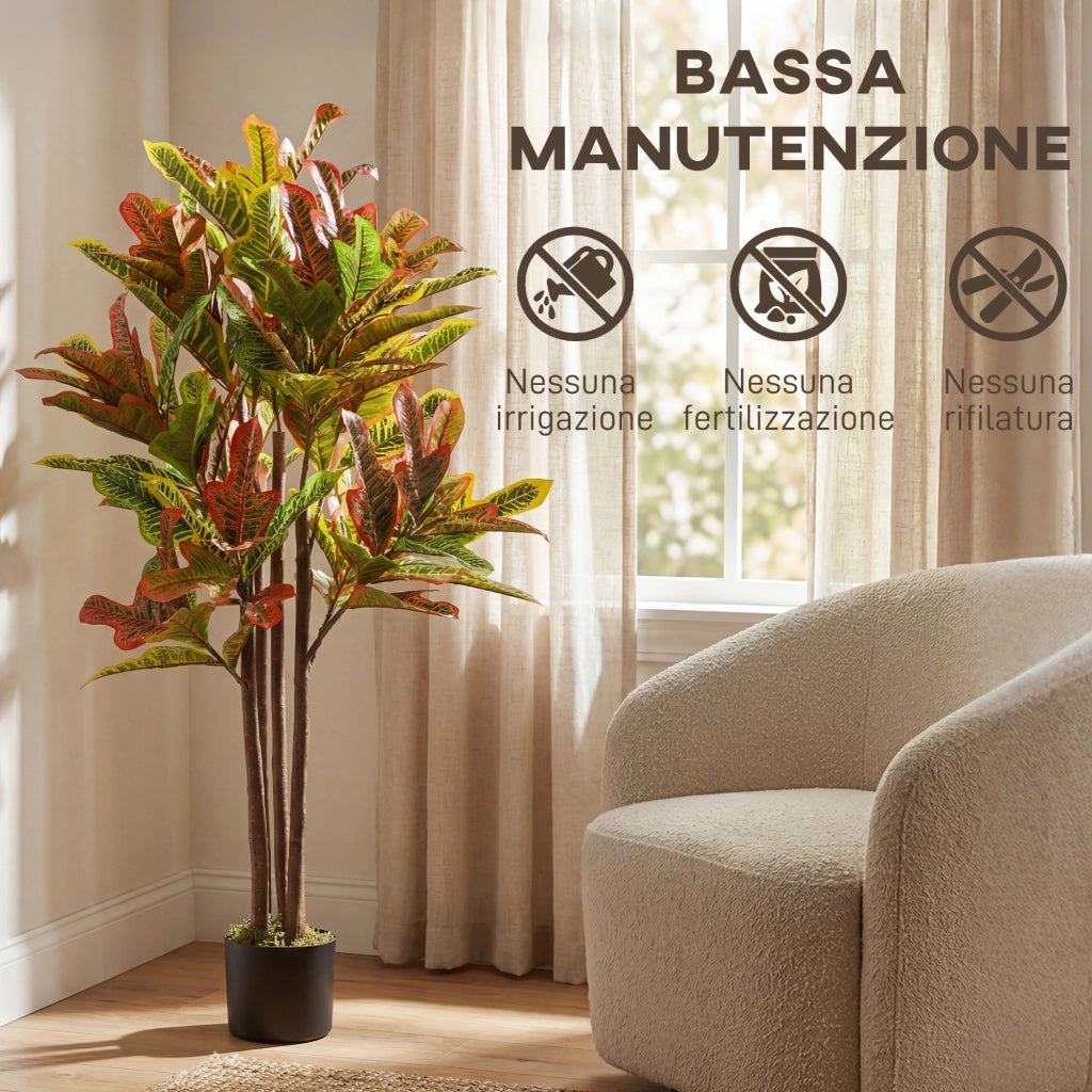 Pianta Artificiale di Croton Multicolore in PEVA e Legno con Vaso Contenitore in PP e Cemento, 55x55x120 cm
