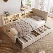 Letto daybed 90x200 cm in lino beige con 2 cassetti e porte USB