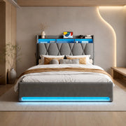 LETTO imbottito 140x200 cm in velluto grigio scuro con LED, USB Type-C e contenitore