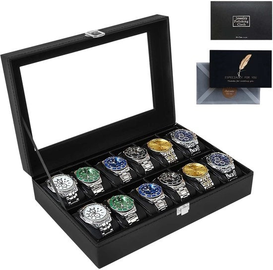 Scatola orologio con 12 compartimenti, scatola orologio con coperchio in vetro, scatola orologio in PU, scatola orologio con cuscini orologio rimovibili, idea regalo per orologio, regalo per amanti.