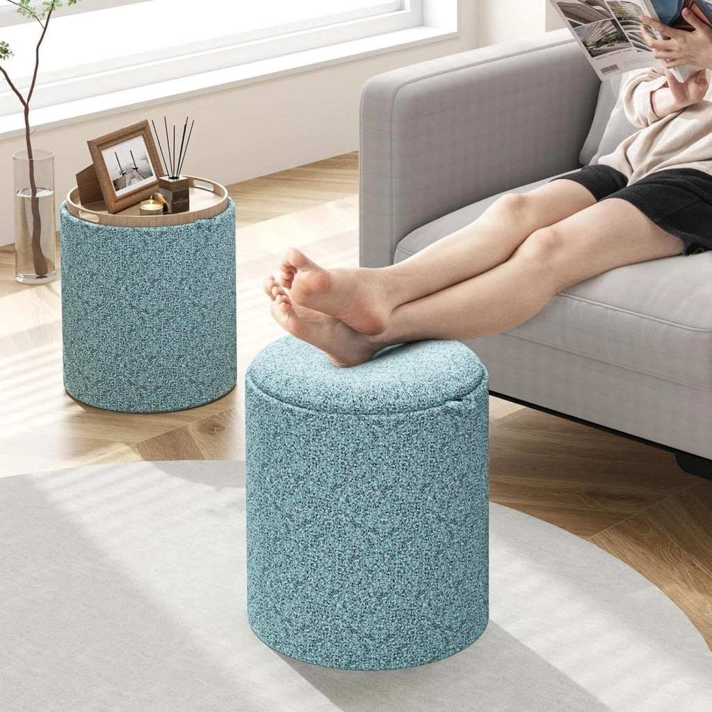 Set di 2 pouf con vano portaoggetti, sgabello rotondo con vassoio/coperchio reversibile, pouf imbottito in tessuto, poggiapiedi con manici laterali, sgabello multifunzione blu cielo