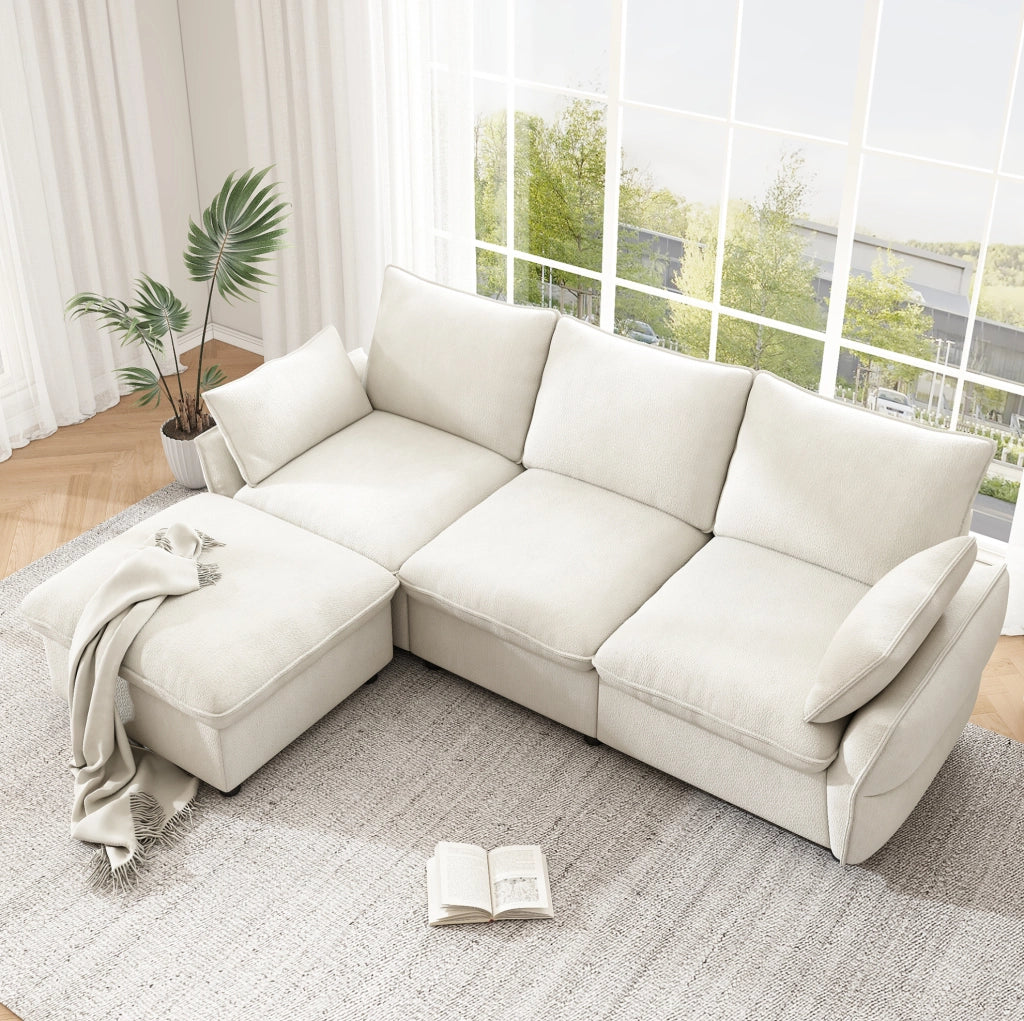 Divano angolare a L in chenille beige con pouf e 2 cuscini, 222,5 x 154,5 cm