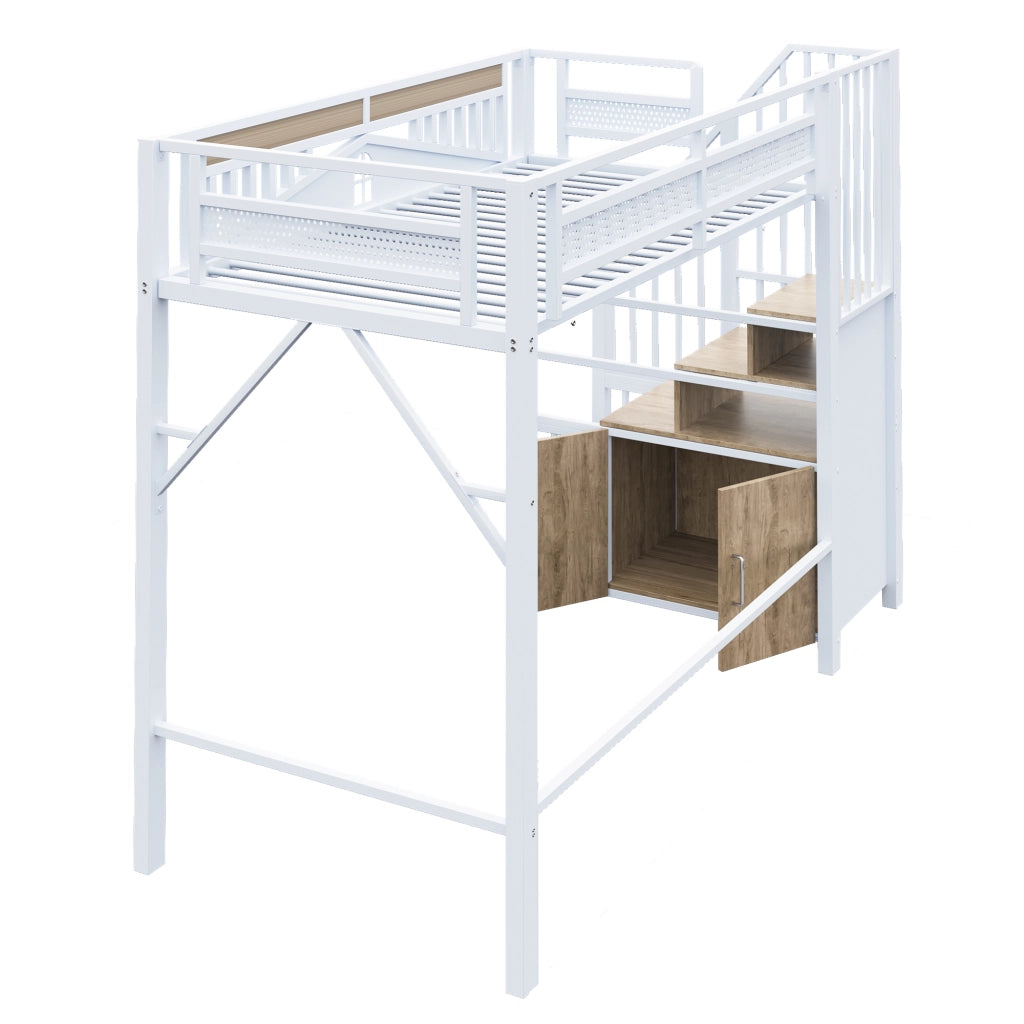 Letto a Soppalco Singolo con Scala Contenitore; Armadietto e Barriera di Sicurezza; 90×200 cm; senza Materasso