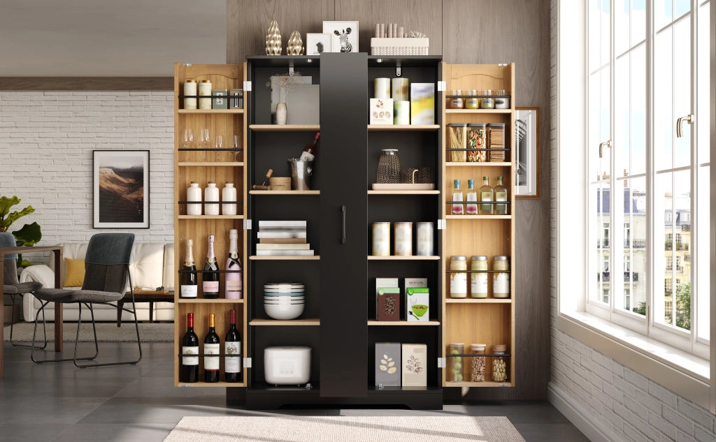 Credenza con 2 ante e 4 ripiani regolabili, porta spezie verticale, per cucina e soggiorno, 150 × 78 × 40 cm