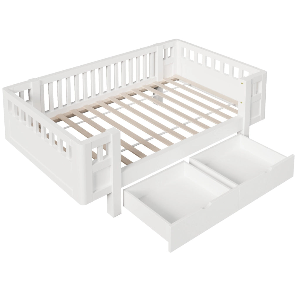 Letto per bambini 90x200 cm con sponde alte e 2 cassetti in MDF bianco