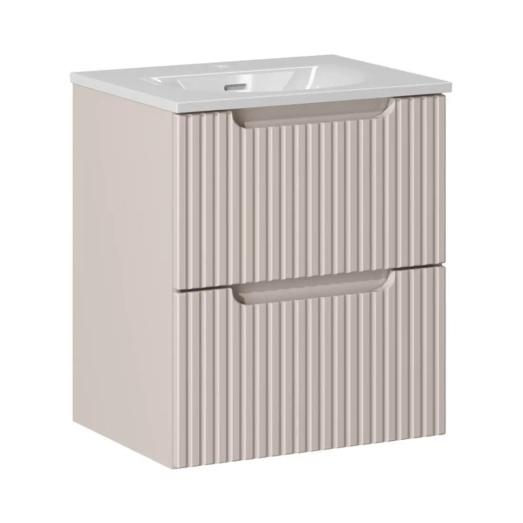 Insieme VANO cashmere e bianco 50cm: mobile sottolavabo con cassetti scanalati verticalmente + lavabo incassato bianco