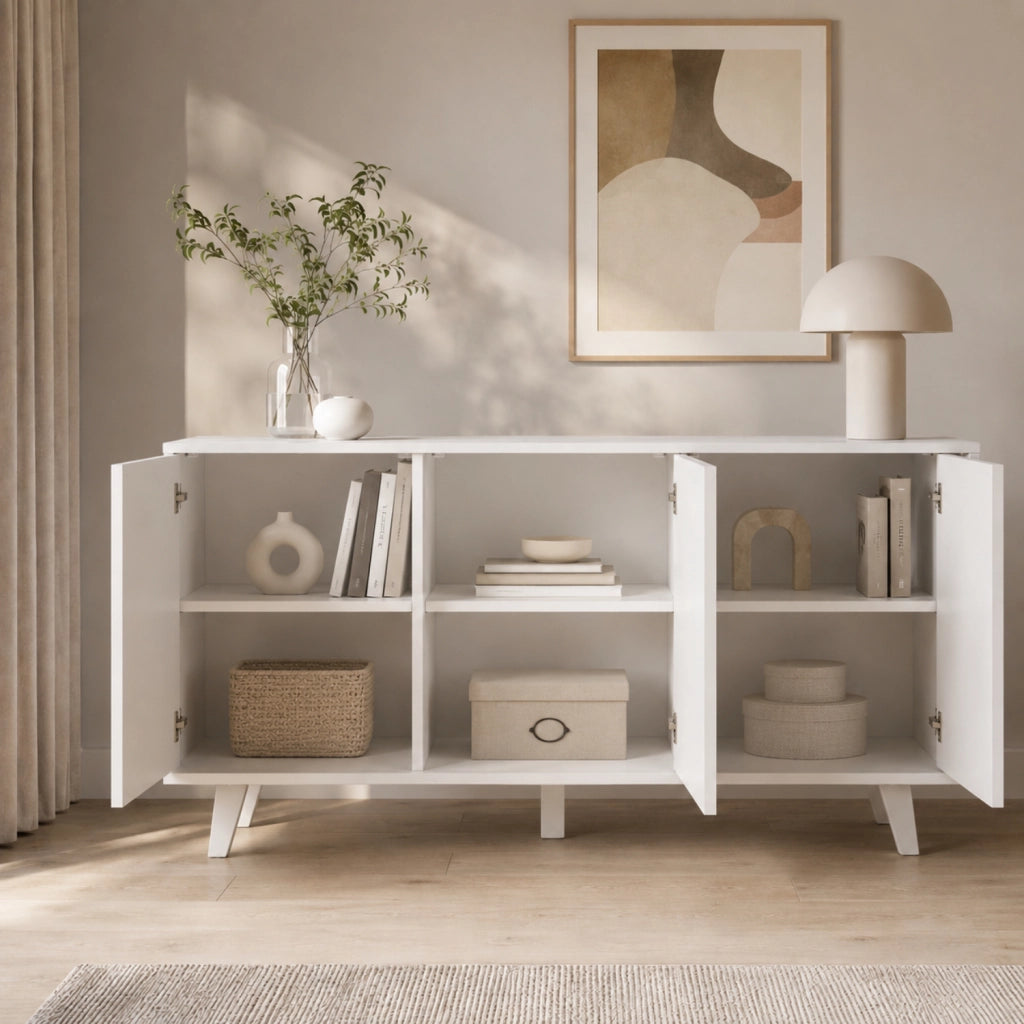 Mobiletto Credenza Moderna Con 3 Ante Senza Maniglie E Piedini Rialzati Per Ingresso Corridoio Soggiorno Salotto Zona Living 154 X 72 X 40 Cm Bianco