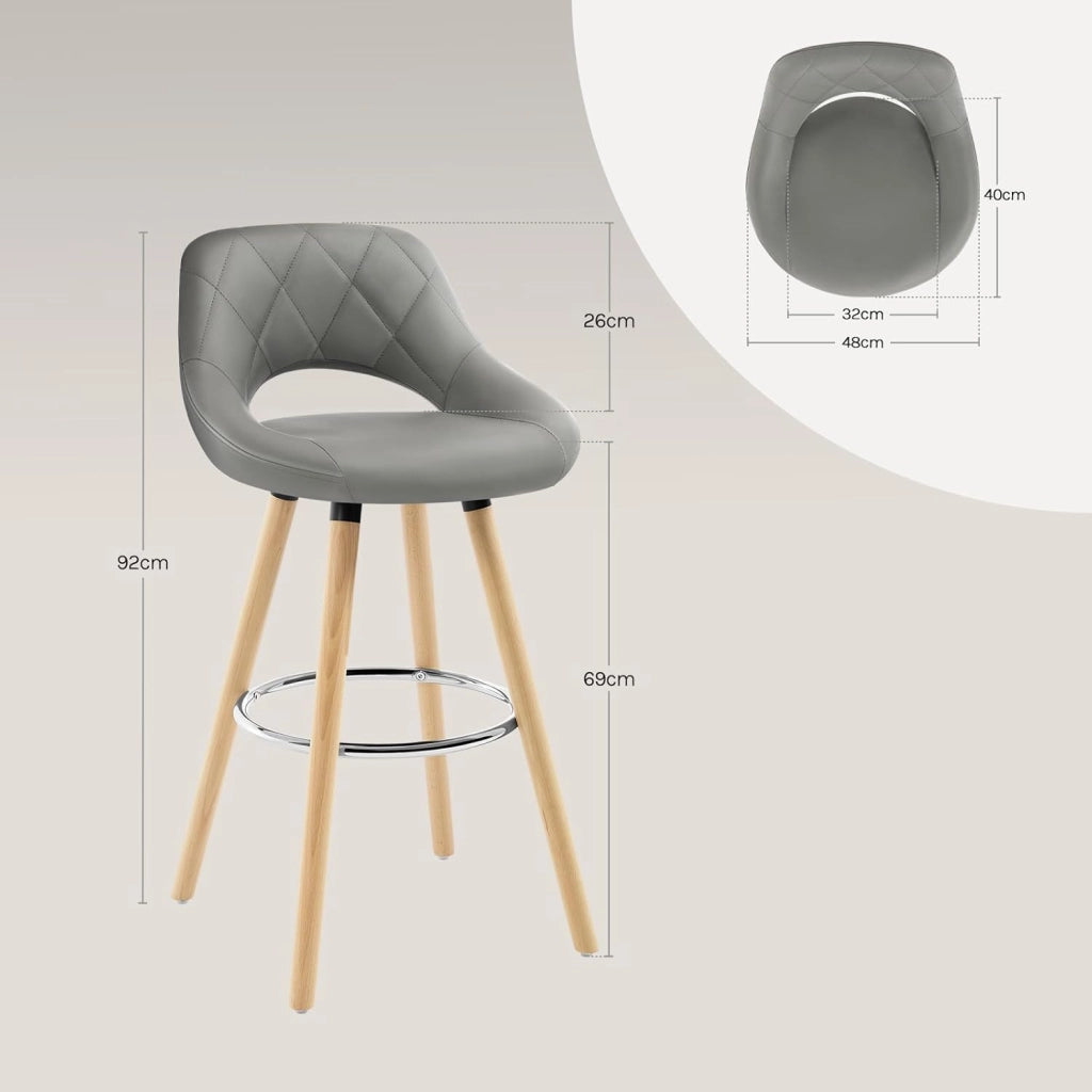 Sgabelli da Cucina Set di 4, Sgabello da Bar per Colazione, Sgabelli Alti con Poggiapiedi e Schienale, Sedile in Pelle Sintetica+Gambe in Legno, Grigio, BH111gr-4