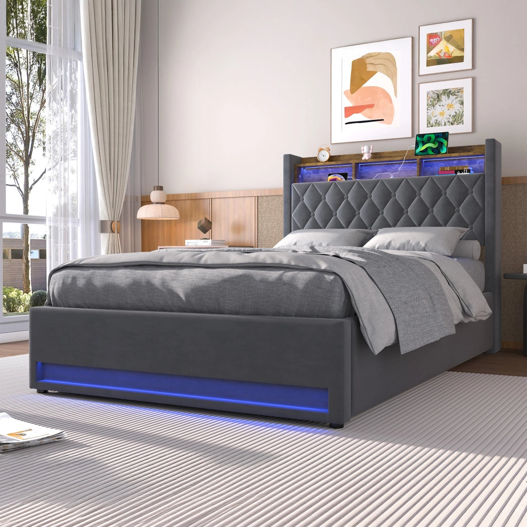 Letto Imbottito 140x200 cm Grigio Scuro in Velluto con Rete a Doghe