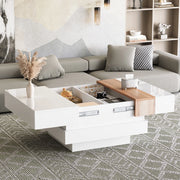 Tavolino da caffè quadrato con piano estraibile e 2 vani nascosti, bianco, 70 × 70 × 39 cm