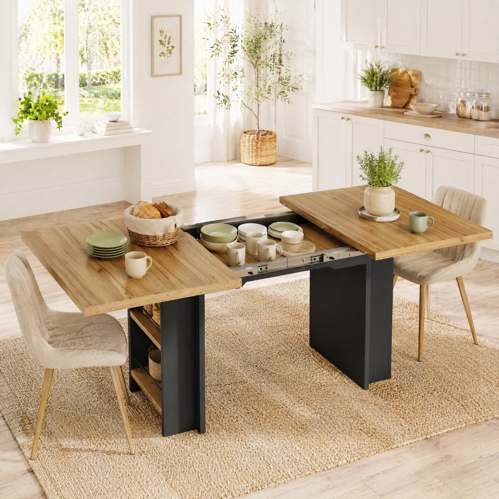 TAVOLO allungabile 120-160x80 cm in MDF color legno con ripiani