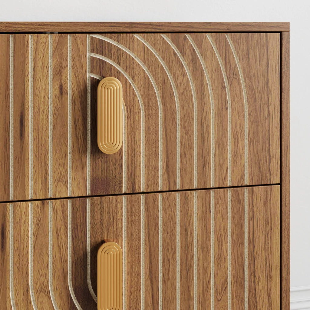 Comodino MDF noce con 2 cassetti e dettagli geometrici