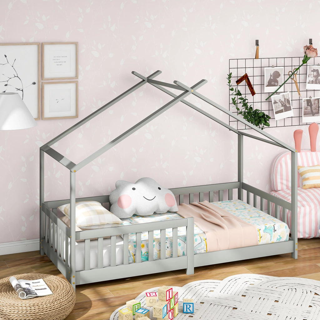 Letto Casetta 90x200 cm - con Sponde di Sicurezza e Vano Sottoletto - in Legno - Grigio