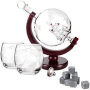 Set di Globe in Vetro e Legno con Sostegno in Acciaio Inossidabile e Strumento per Whisky con Disegno della Mappa del Mondo