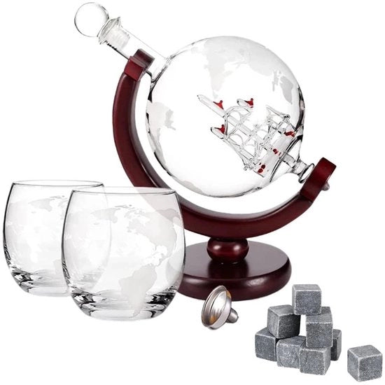 Set di Globe in Vetro e Legno con Sostegno in Acciaio Inossidabile e Strumento per Whisky con Disegno della Mappa del Mondo