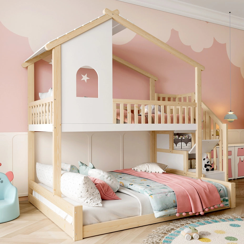 Letto a Castello 90x200 e 140x200 ¨C MINIMAL ¨C Legno Naturale e Bianco con Finestre e Contenitore