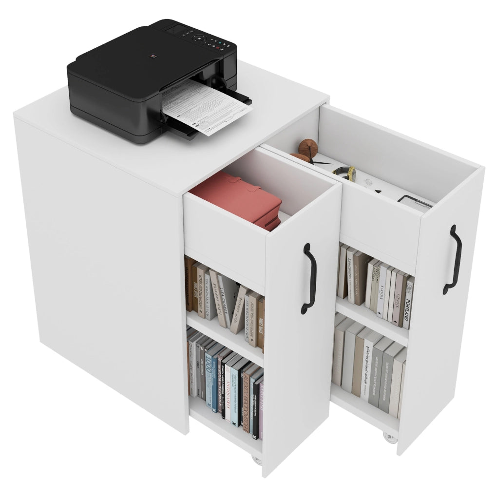 Mobile contenitore con ruote 52x50x75 cm; in truciolare bianco; reversibile
