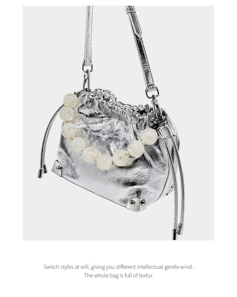 Borsa a mano grande in vera pelle, stile europeo e americano, colore argento.