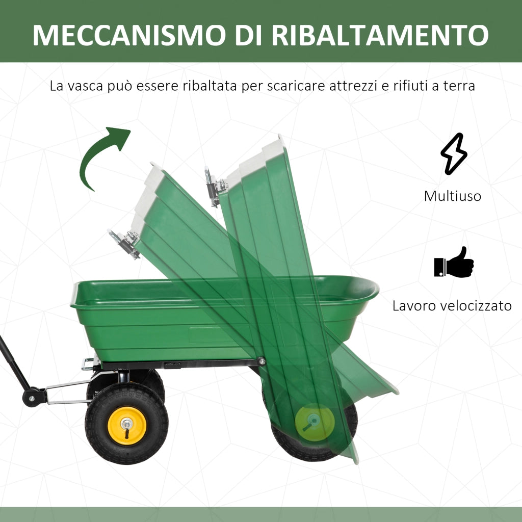 EasyComfort Carrello da Giardino 75L in Acciaio e PP con Vasca ribaltabile e Maniglia, 109x52x94 cm, Verde
