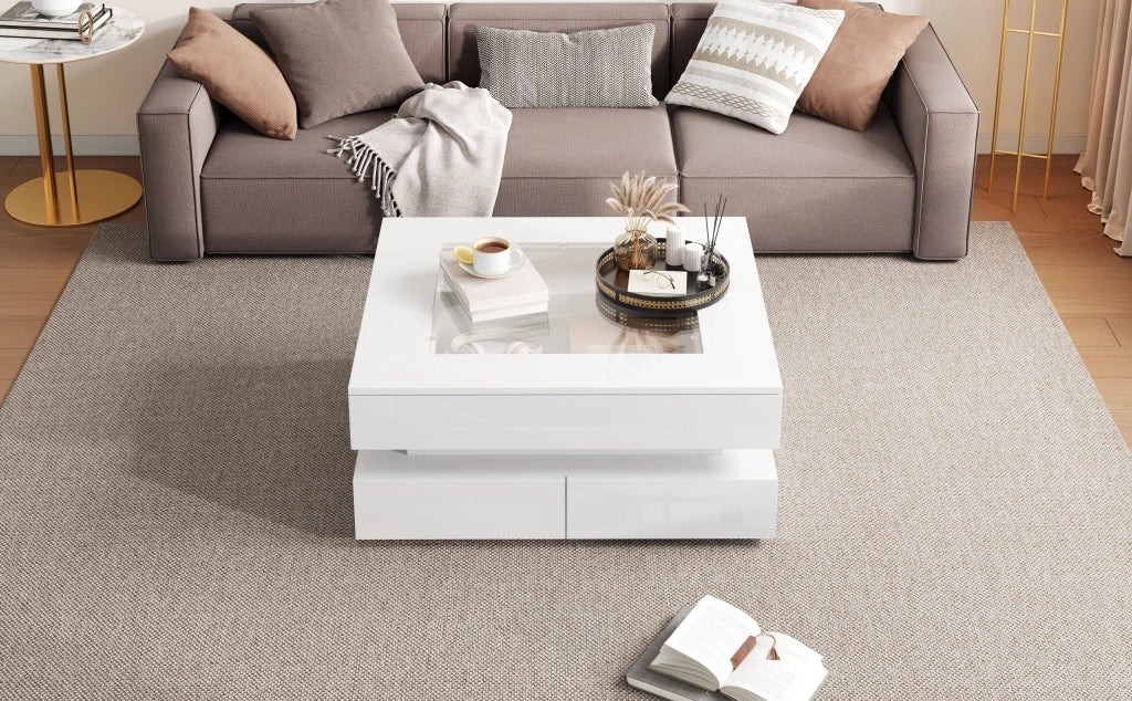 Tavolino da salotto quadrato con 3 cassetti e LED USB; piano in vetro; finitura lucida; per soggiorno; bianco; 70 × 70 × 35 cm
