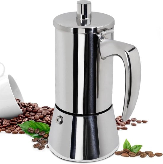 Bollitore a Moka 300ml con 6 Fune 304 Acciaio Inossidabile - Macchina per Espresso Italiana, Adatta per Piastrine Induttive, Portatile & Facile da Utilizzare