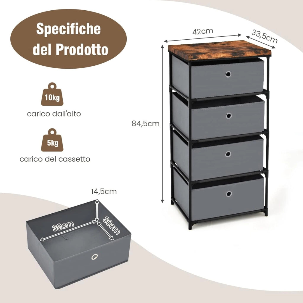 Cassettiera in Tessuto, Mobile con 4 Cassetti e Struttura Robusta in Metallo, Mobiletto Salvaspazio per Camera da Letto, Corridoio, Ingresso e Armadio, 42 x 33,5 x 84,5 cm (Grigio)