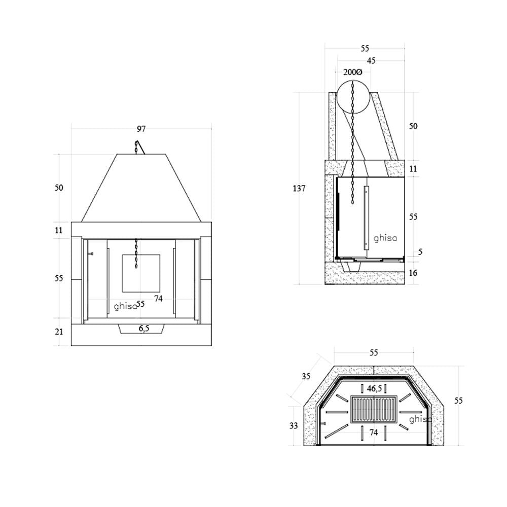Camino legna prefabbricato ghisa focolare aperto m100tgh riscaldamento