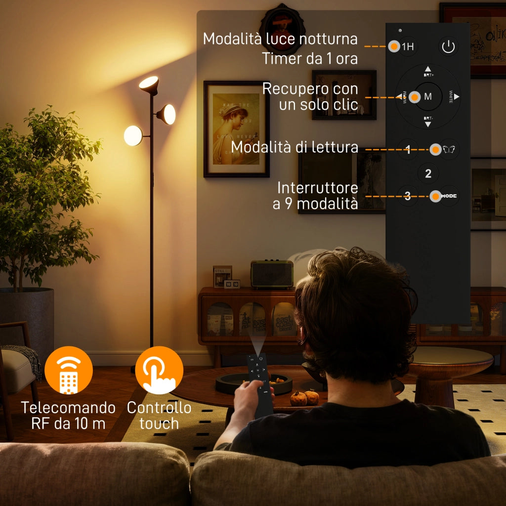 Lampada da Terra con 3 Teste Regolabili Indipendenti Ø25x170 cm Telecomando e Timer in Acciaio e Plastica Nero