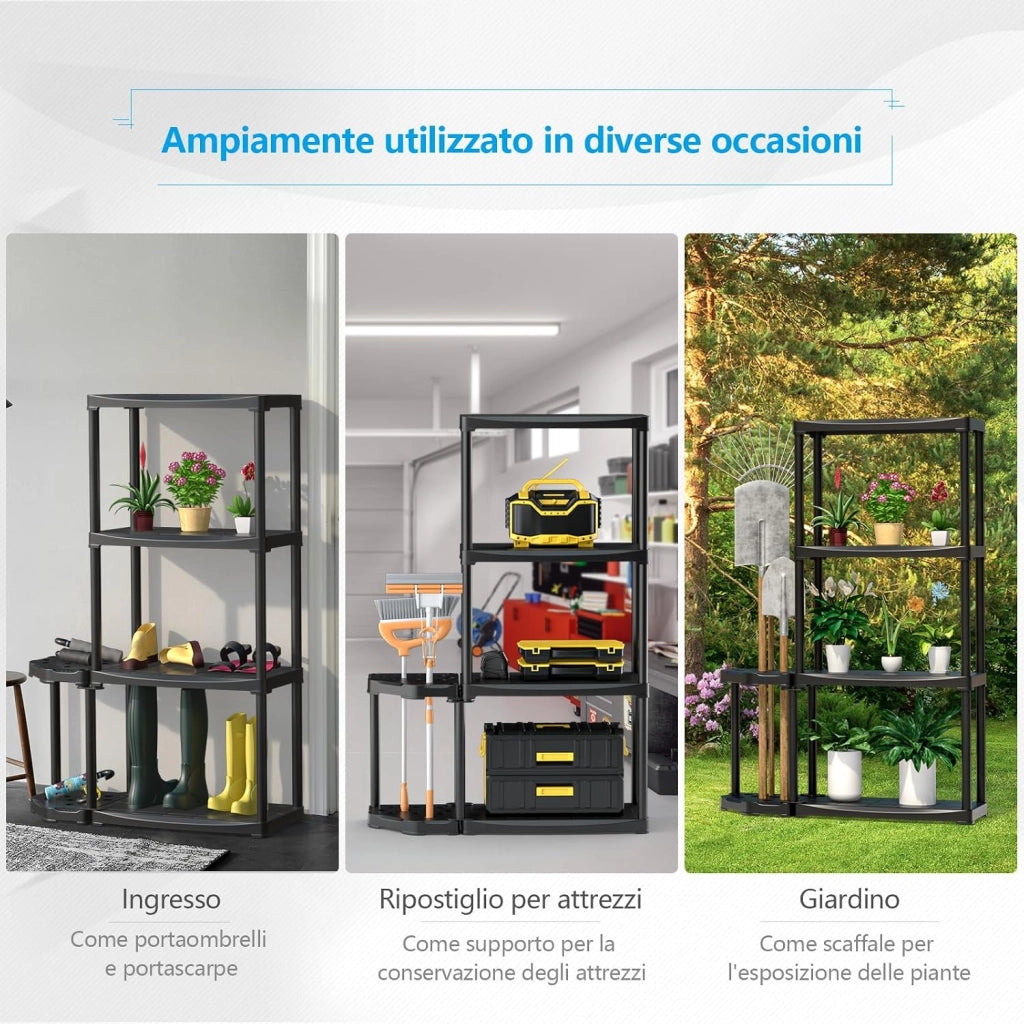 Scaffale per Garage a 4 Livelli con Portautensili, Scaffale di Stoccaggio Aperto con Supporto per Portautensili a 12 Fori per Attrezzi, per Magazzino Ripostiglio Seminterrato