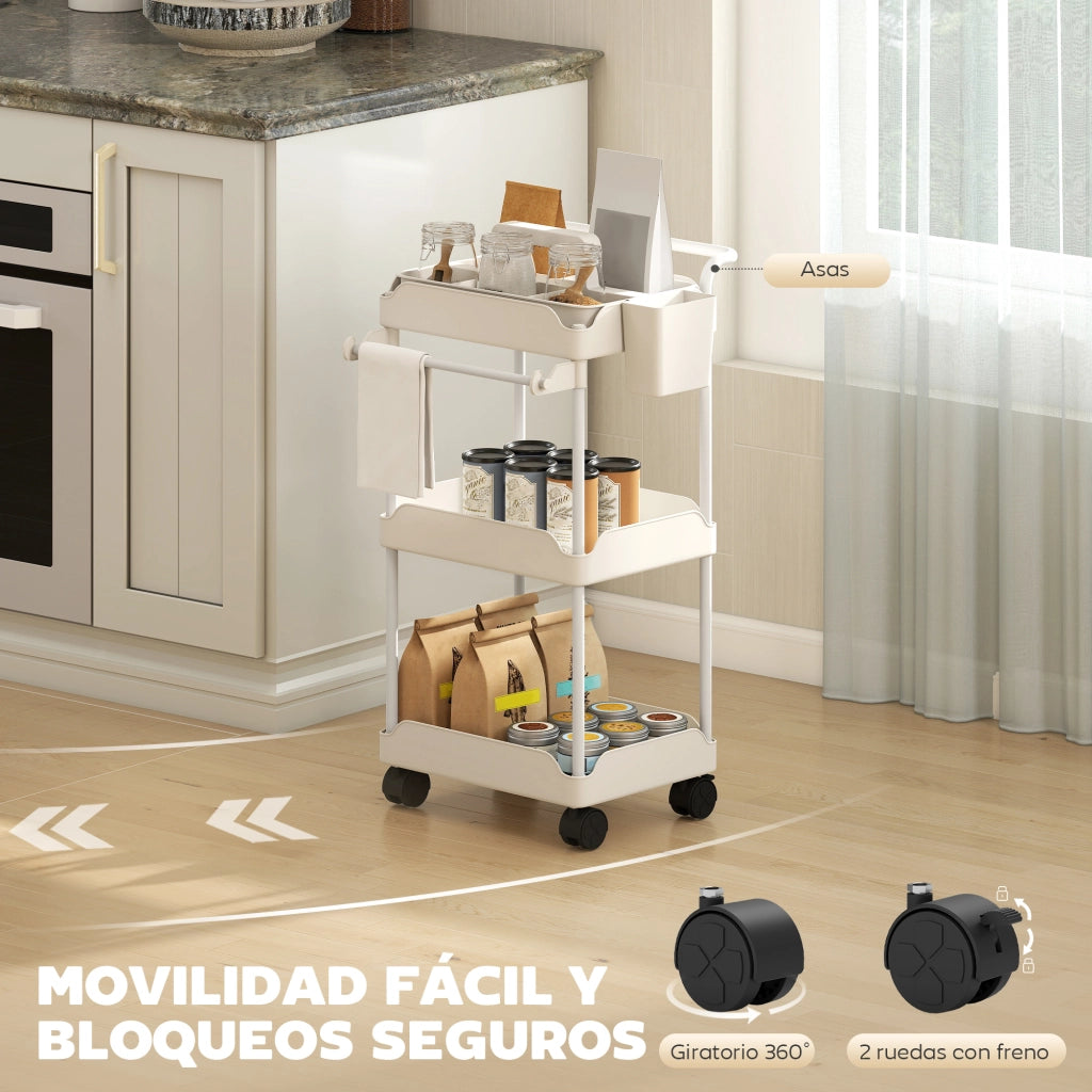 Carrello da cucina con 3 livelli e cestini estraibili ¨C Zephmum ¨C Bianco
