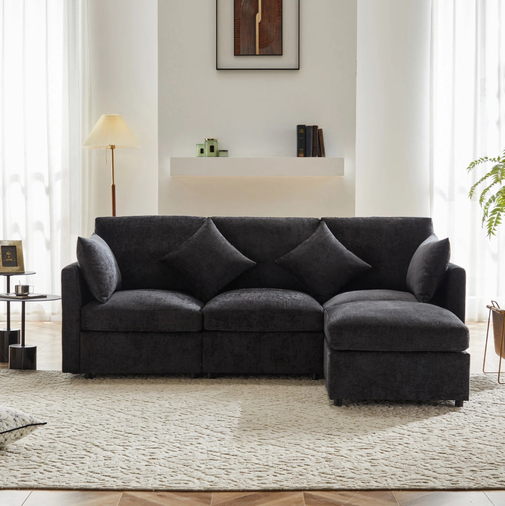 Divano modulare angolare 216x161x81 cm con pouf mobile in chenille grigio