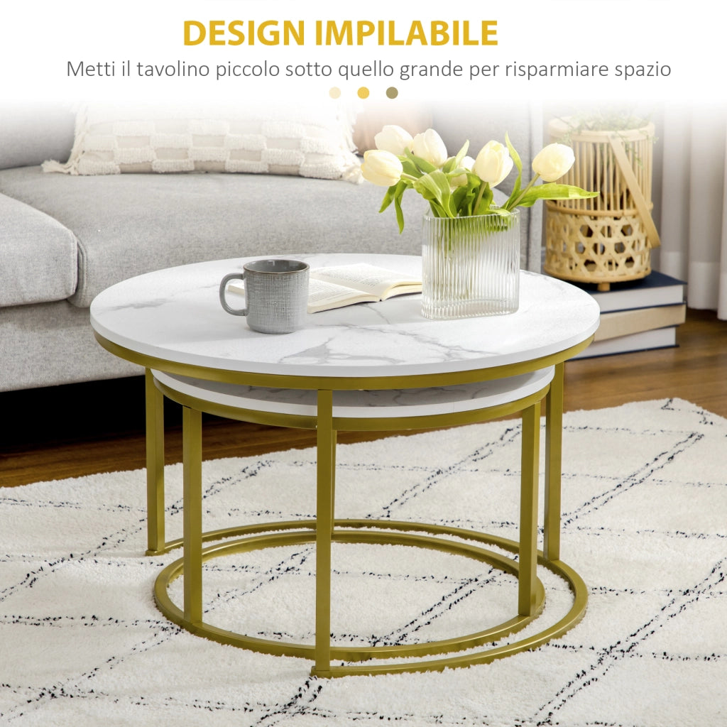 Set 2 Tavolini da Salotto Rotondi e Impilabili in Acciaio e Truciolato, ?74x46.3 cm e ?59x38.5 cm, Bianco e Oro