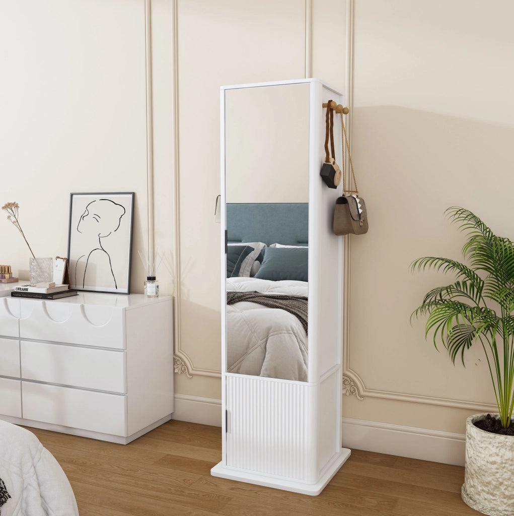 Armadio specchiera girevole a 360° 4 in 1 con specchio intero; ripiani e ganci; 50x50x170 cm; bianco