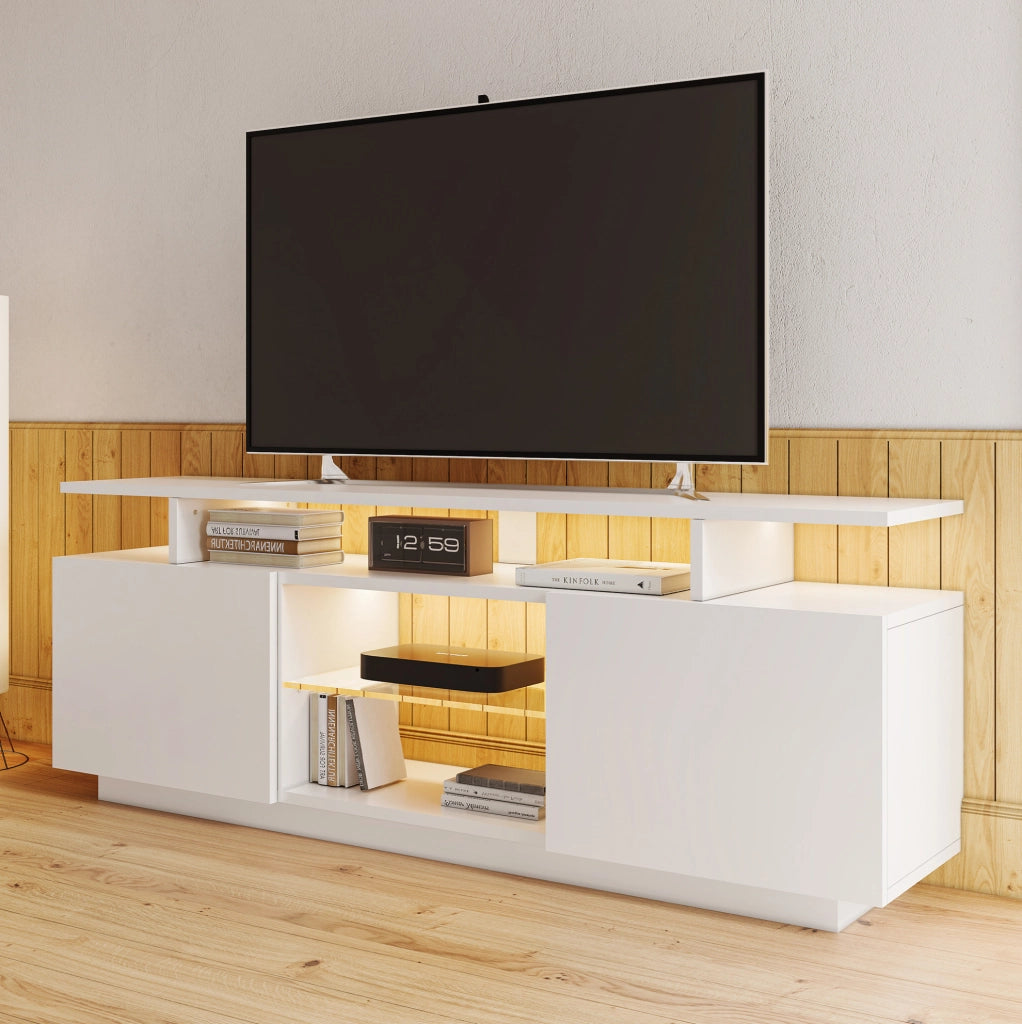 Mobile TV moderno 140 cm con LED controllabile da app; bianco lucido