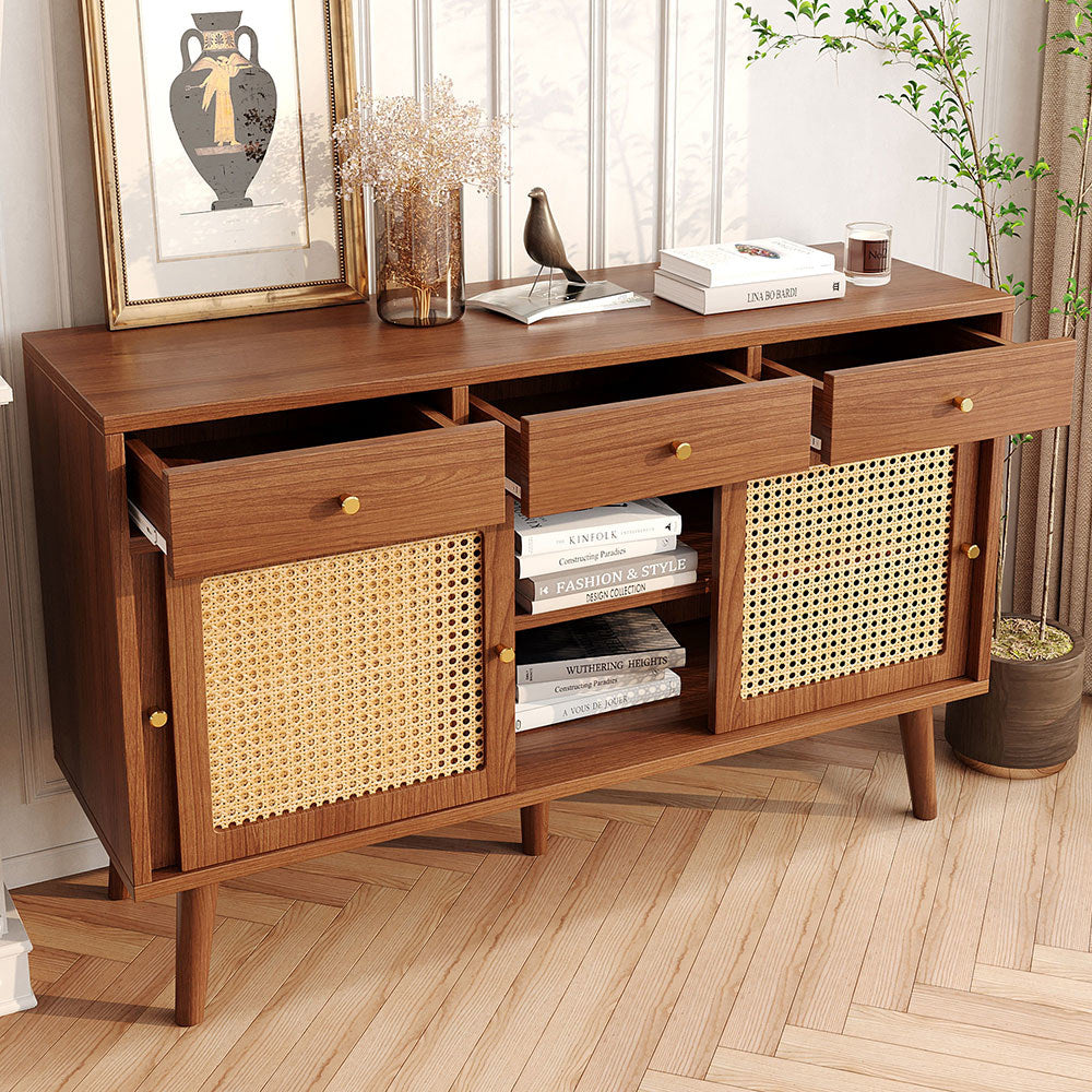 Buffet commode con facciate in rattano - Xylo - Marrone - Maniglia in metallo dorato ripiani regolabili