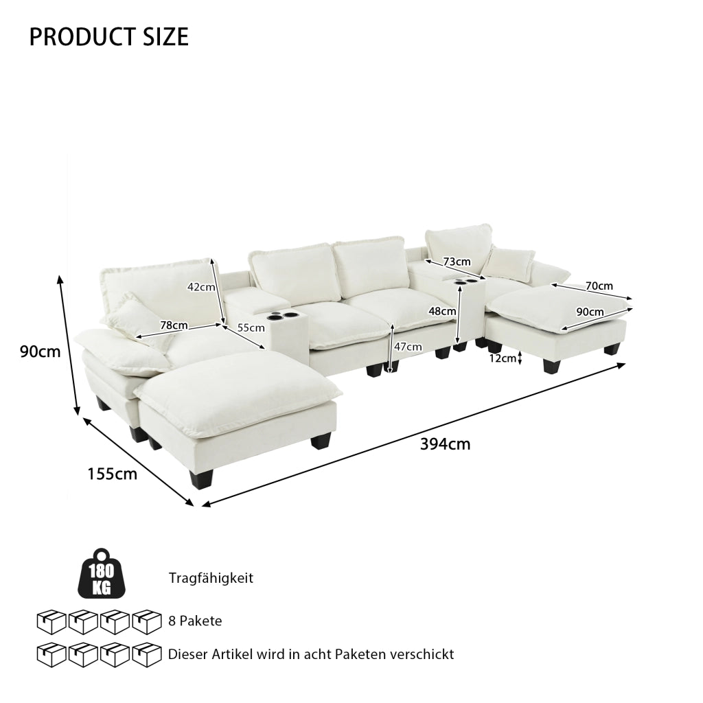 Divano panoramico a U modulare con contenitore; portabicchieri e USB in chenille beige 392×151×90 cm