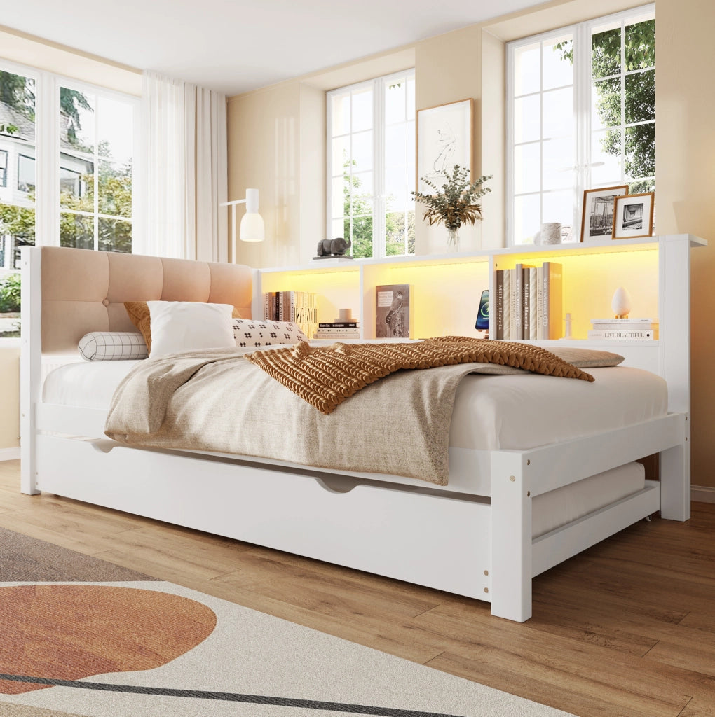 Letto singolo 90x200 cm con letto estraibile; LED dimmerabile; USB e scaffale; bianco