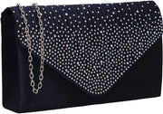 Borsa da sera per donne con pietre strass, modello a sacchetto, blu marino, unico modello