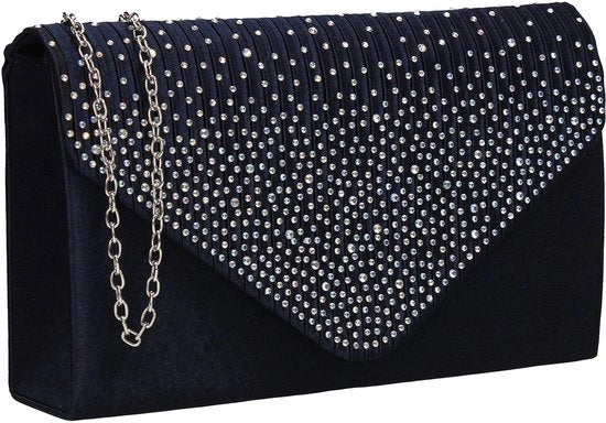 Borsa da sera per donne con pietre strass, modello a sacchetto, blu marino, unico modello