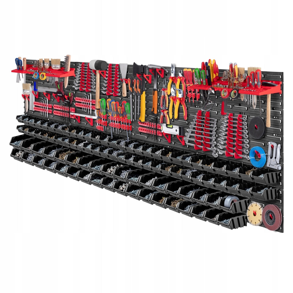 Pannello portautensili KADAX da parete per officina, 232x78 cm, 92 scomparti, 80 supporti, garage.